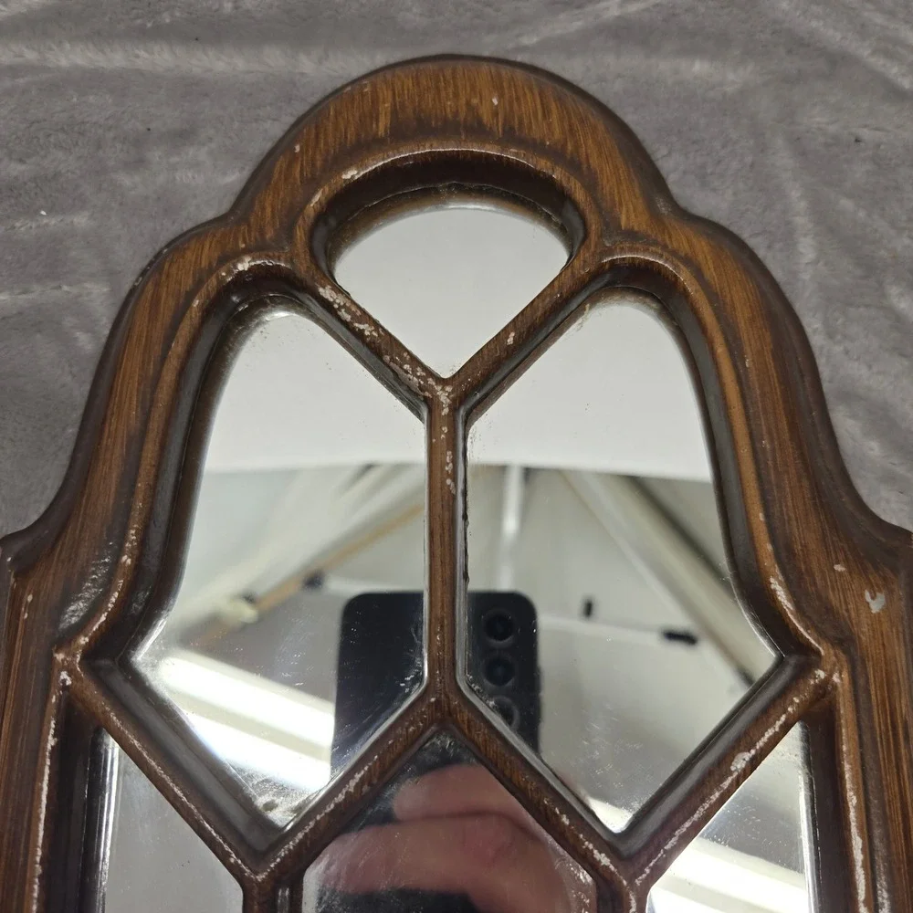 Vintage Pair Mirrored Wall Sconces Cathedral Windowpane Wood Grain Brass Taper